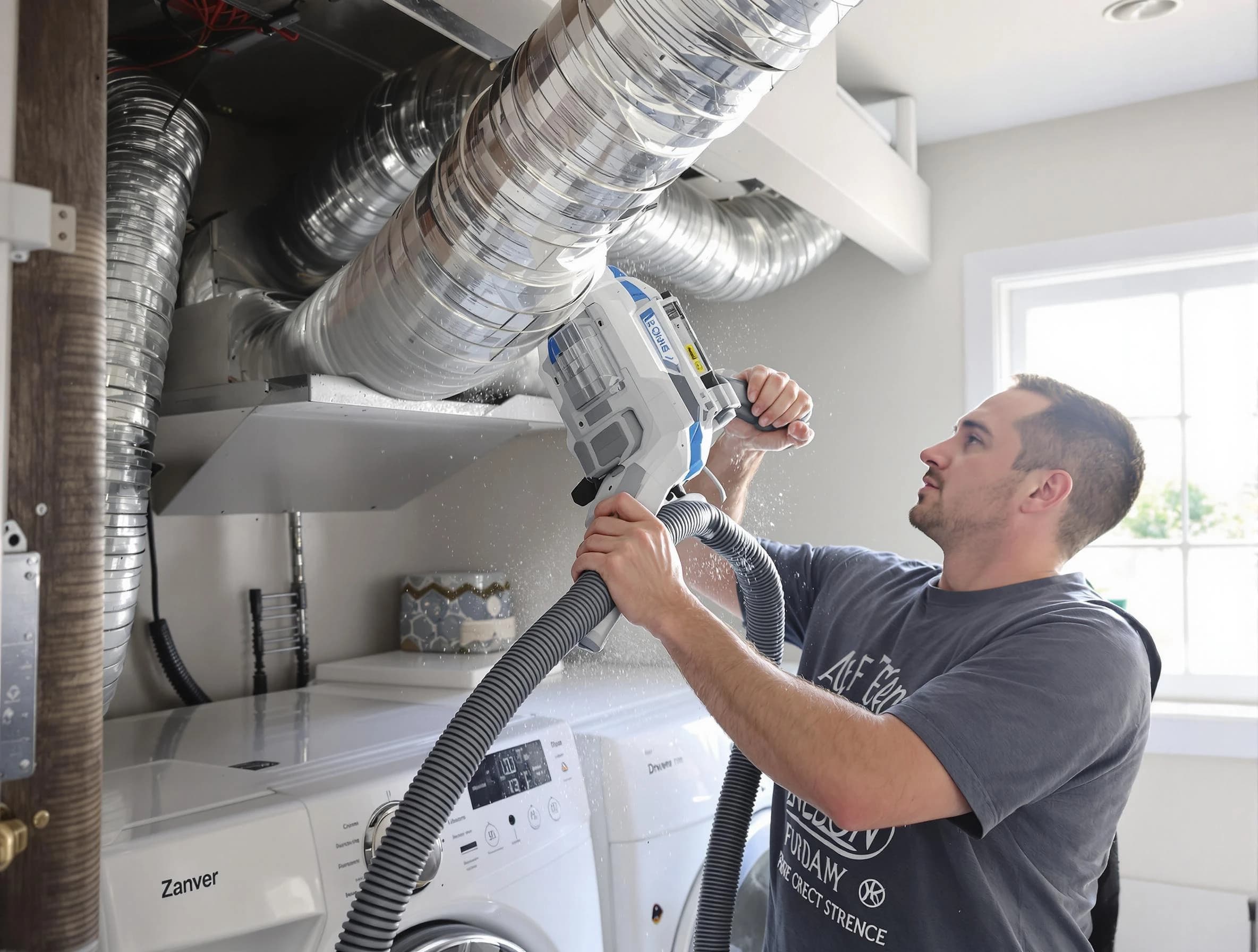Franklin Park Dryer Vent Cleaning specialist cleaning deep within a dryer vent duct system in Franklin Park