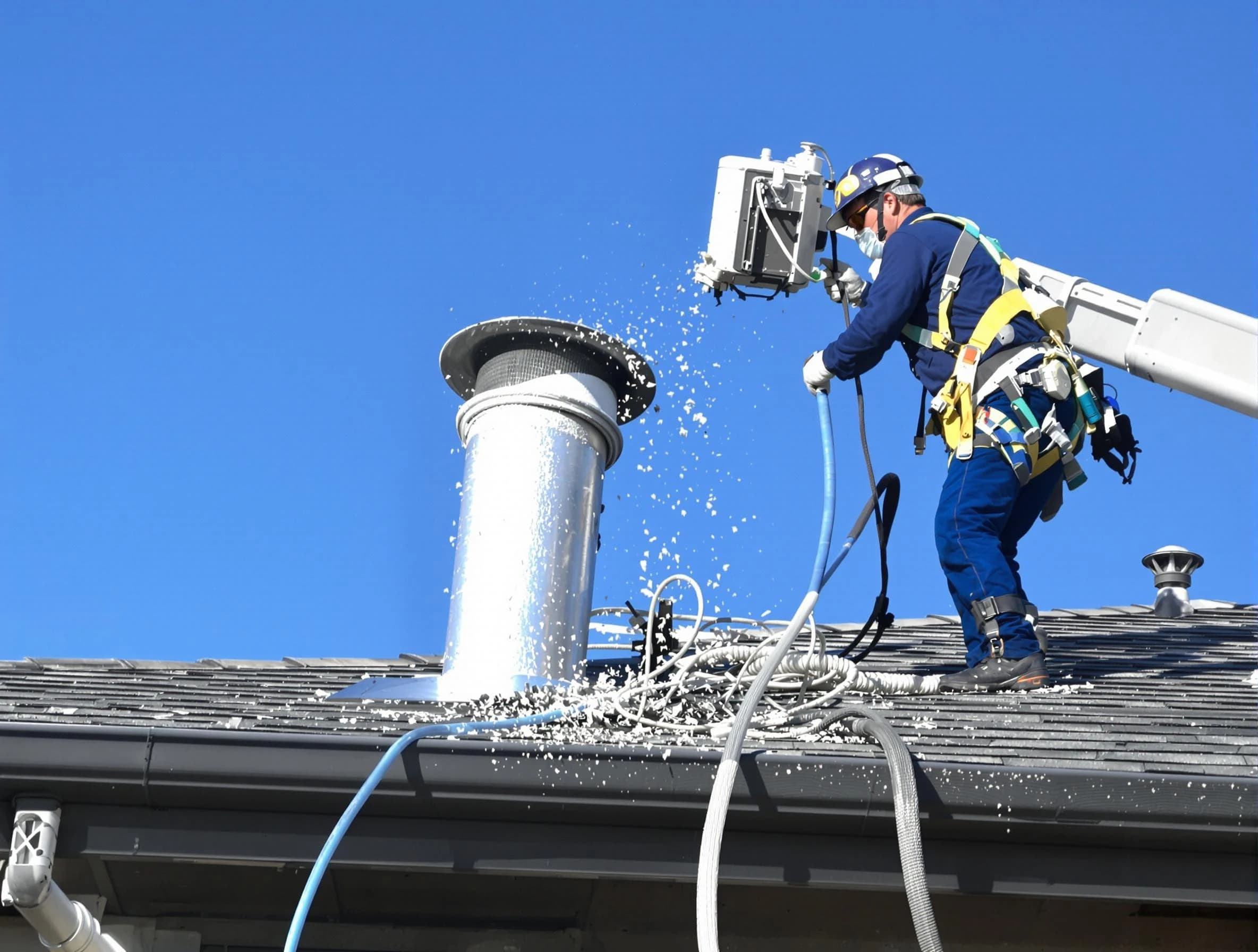 Franklin Park Dryer Vent Cleaning certified technician safely cleaning a roof-mounted dryer vent in Franklin Park